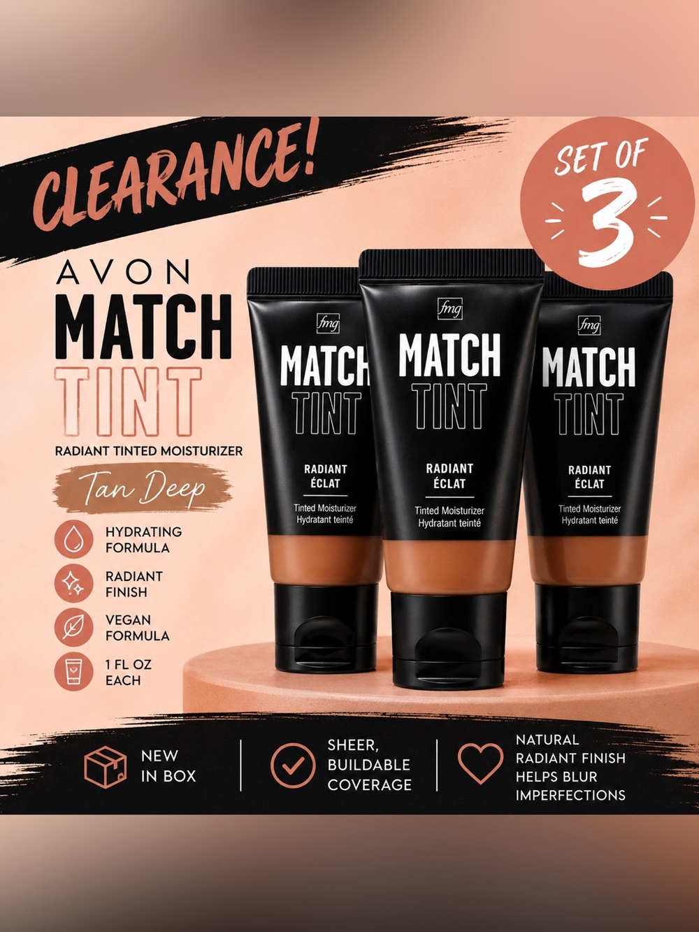 🔥 clearance 3-  Avon FMG Match Tint Radiant Tinted Moisturizer Tan Deep